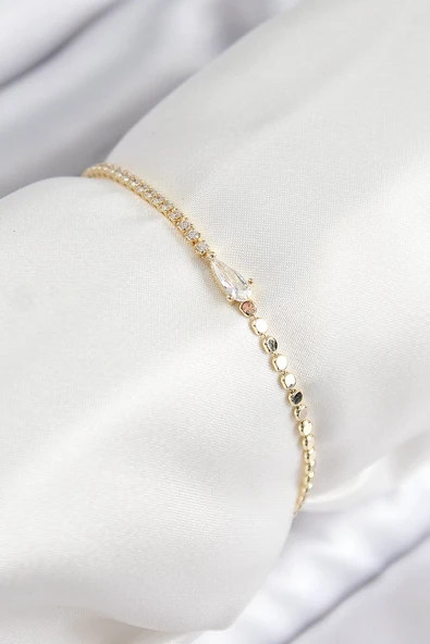 Pirinç Zirkon Taşlı Damla Model Ezme Zincir Gold Renk Kadın Bileklik Vice1395 0679 ürün görseli 1