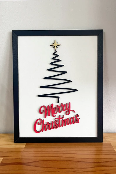 Merry Christmas Yazılı 3D Yılbaşı Tablosu – 2 Katmanlı Ahşap MDF ürün görseli 1