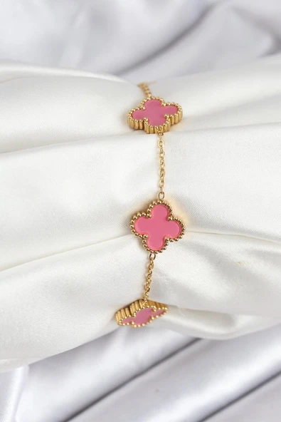 316L Çelik Gold Zincir Pembe Yonca Renk Bileklik Vice1395 1213 ürün görseli 1