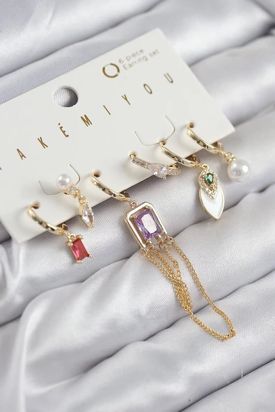 Pirinç Zirkon Taşlı Sallantılı Ve İncili Gold Renk 6'lı Küpe Set Vice1395 1062 ürün görseli 1