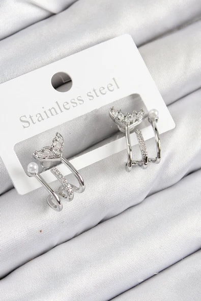 Pirinç Zirkon Taşlı İnci Detaylı Balık Kuyruğu Model Gümüş Renk Kadın Küpe Vice1395 0831 ürün görseli 1