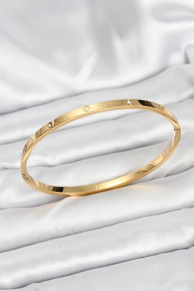 316L Çelik Gold Renk Zirkon Taşlı 65 mm İnce Kadın Kelepçe Bileklik Vice1395 1231 ürün görseli 1