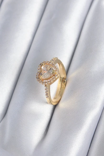 Pirinç Gold Renk Zirkon Taşlı Kalp Charm Model Kadın Yüzük Vice1395 2308 ürün görseli 1