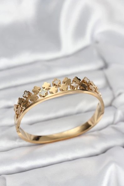 316L Çelik Gold Renk Minimal Yoncalı Kadın Kelepçe Bileklik Vice1395 1574 ürün görseli 1