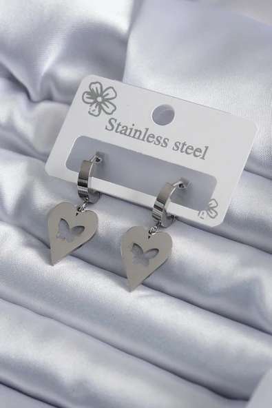 316L Çelik Gümüş Renk Kalp Model Kelebek İşleme Kadın Küpe Vice1395 2226 ürün görseli 1
