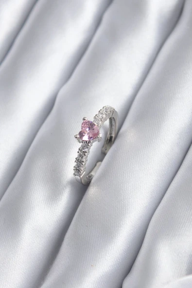 Gümüş Renk Zirkon Taşlı Pembe Kristal Kalp Model Kadın Yüzük Vice1395 2291 ürün görseli 1