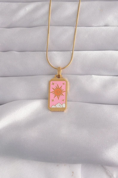 316L Çelik Gold Renk Pembe Mineli Güneş Model Tarot Kolye Vice1395 3158 ürün görseli 1