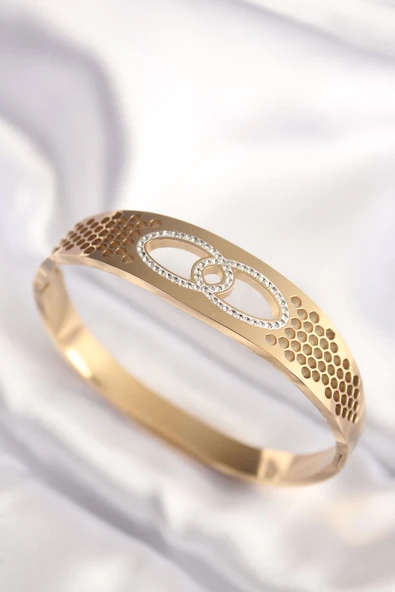 316L Çelik Gold Renk Zirkon Taşlı Kadın Kelepçe Bilezik Vice1395 2565 ürün görseli 1