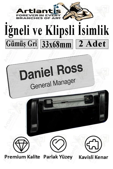 Personel Yaka İsimliği Gümüş Gri 2 Adet İğneli ve Klipsli Yaka Kartı 33x68 mm Personel Büro Ofis Şirket İş Yeri ürün görseli 1