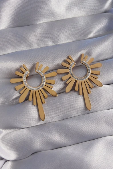 316L Çelik Gold Renk Zirkon Taşlı Güneş Figürlü Küpe Vice1395 2866 ürün görseli 1