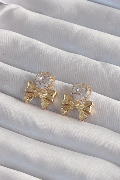 Pirinç Gold Renk Zirkon Taşlı Kalp Model Fiyonk Küpe Vice1395 3080 ürün görseli 1