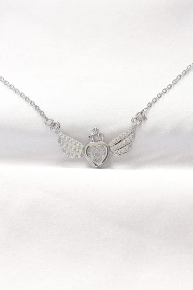 316L Çelik Silver Renk Zirkon Taşlı Kalpli Kanat Kolye Vice1395 2609 ürün görseli 1