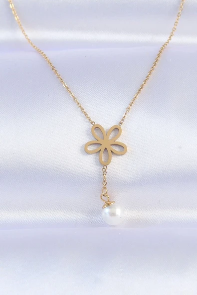 316L Çelik Zincir Gold Renk İnci Detay Çiçek Kolye Vice1395 2820 ürün görseli 1