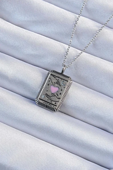 316L Çelik Zincir Eskitme Gümüş Renk Pembe Mineli Kalp Figürlü Tarot Kolye Vice1395 3284 ürün görseli 1