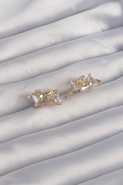 Pirinç Gold Renk İri Zirkon Taşlı Kıvrımlı Minimal Kelebekli Halka Küpe Vice1395 3065 ürün görseli 1