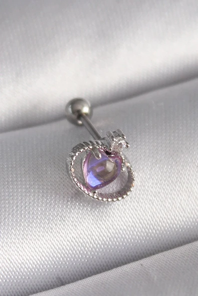 316L Çelik Gümüş Renk Mor Mineli Kalp Zirkon Taş Detay Tragus Piercing Vice1395 3607 ürün görseli 1