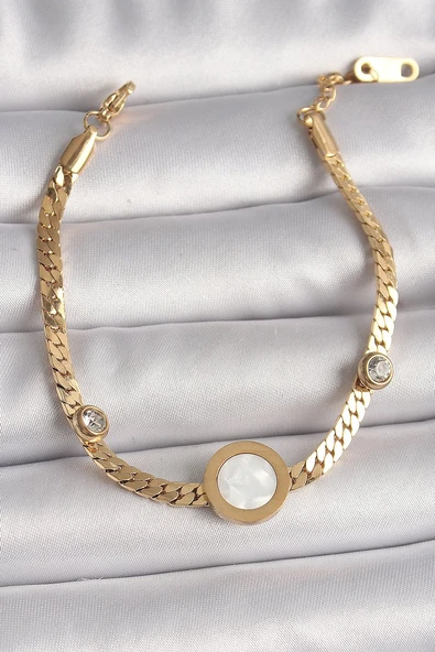 316L Çelik Gold Renk Yassı Zincir Model Zirkon Taş Detaylı Beyaz Mineli Madalyon Model Kadın Bileklik Vice1395 4171 ürün görseli 1