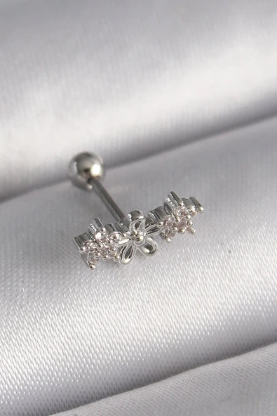 316L Çelik Gümüş Renk Zirkon Taşlı Çiçek Tragus Piercing Vice1395 3588 ürün görseli 1