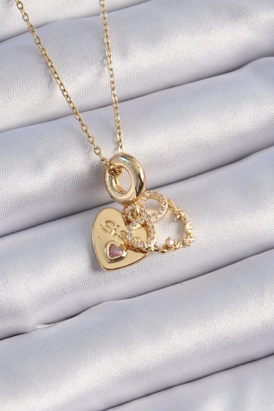 316L Çelik Gold Renk Zirkon Taşlı Sonsuzluk Kalp Figür Charm Model Kadın Kolye Vice1395 3352 ürün görseli 1