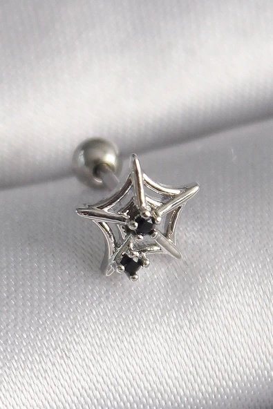 316L Çelik Gümüş Renk Siyah Zirkon Taş Detay Örümcek Ağ Model Tragus Piercing Vice1395 3623 ürün görseli 1