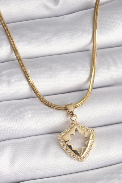 316L Çelik Gold Renk İtalyan Zincir Zirkon Taşlı Kutup Yıldız İşleme Kadın Kolye Vice1395 3691 ürün görseli 1