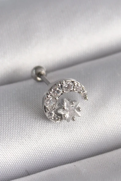 316L Çelik Gümüş Renk Zirkon Taşlı Ay Yıldız Tragus Piercing Vice1395 3593 ürün görseli 1