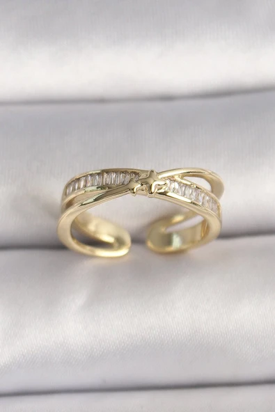 Pirinç Gold Renk Zirkon Taşlı Yıldız Detaylı Ayarlanabilir Kadın Yüzük Vice1395 4018 ürün görseli 1