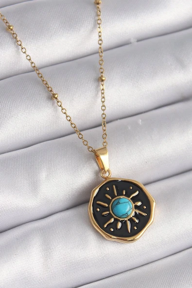 316L Çelik Gold Renk Mavi Boncuk Güneş İşleme Madalyon Model Kadın Kolye Vice1395 3664 ürün görseli 1