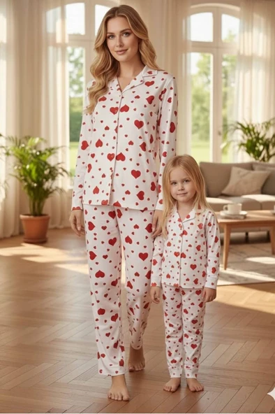 Anne Kız Kombinli (Ayrı Ayrı Satılır) Desenli Gömlek Yaka Pijama Takımı ürün görseli 1