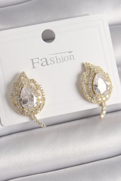 Pirinç Gold Renk Zirkon Taşlı Yaprak Model Kadın Küpe Vice1395 3919 ürün görseli 1