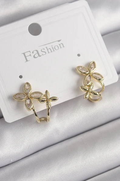 Pirinç Gold Renk Zirkon Taşlı 2'Li Çiçek Model Kadın Küpe Vice1395 3954 ürün görseli 1