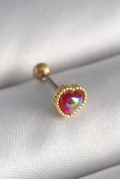 316L Çelik Gold Renk Kırmızı Mineli Kalp Tragus Piercing Vice1395 3600 ürün görseli 1