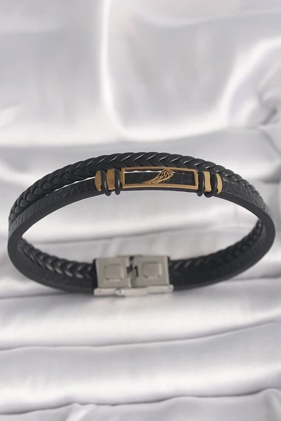 316L Çelik Gold Renk Kanat Aksesuarlı Siyah Burgu Model Deri Kordon Erkek Bileklik Vice1395 4417 ürün görseli 1