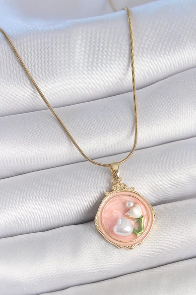 316L Çelik Gold Renk Zincir Pembe Mineli İncili Çiçek İşlemeli Portre Model Kadın Kolye Vice1395 4689 ürün görseli 1