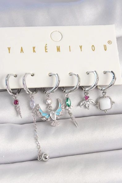 Pirinç Gümüş Renk Zirkon Taşlı Kuş Figür Çiçek Detay 6'Lı Kadın Kombin Küpe Vice1395 4564 ürün görseli 1