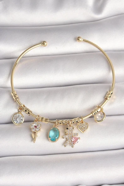 Pirinç Gold Renk Sallantı Zirkon Taşlı AYıcık Figür Kalp Detay Charm Kadın Bileklik Vice1395 4513 ürün görseli 1