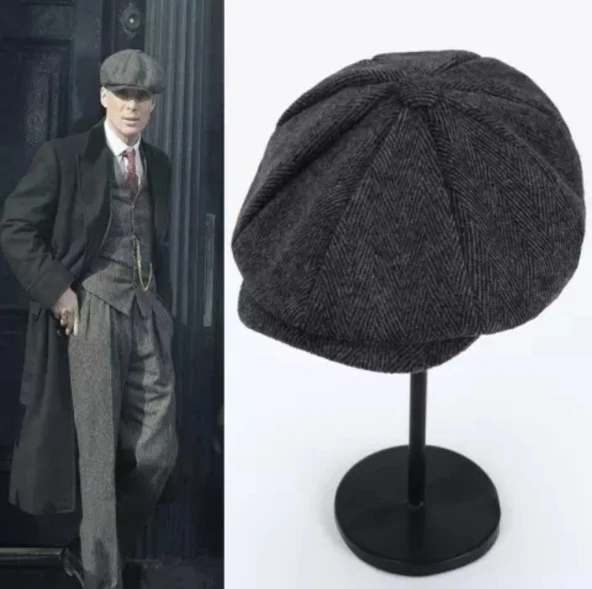 Kışlık 8 Parca Kaşmir Düz Renk Peaky Blinders Model Erkek Kasket London Şapka Füme Çizgili ürün görseli 1