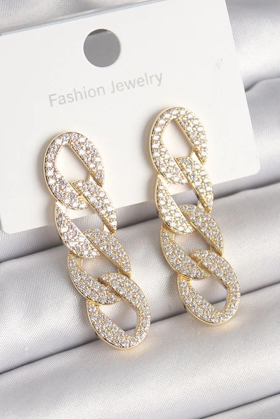 Pirinç Gold Renk Zirkon Taşlı Zincir Model Kadın Küpe Vice1395 4242 ürün görseli 1
