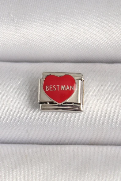 316L Çelik Gümüş Renk 'Best Man' Yazılı Kırmızı Kalp İşlemeli Nomination Charm Vice1395 4527 ürün görseli 1