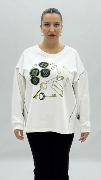 Büyük Beden Pamuklu Taşlı Uzun Kol Oversize Kadın Sweat ürün görseli 1