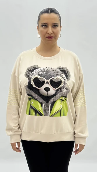 Büyük Beden Ayıcık Grafikli Taşlı İnci Detaylı Uzun Kollu Oversize Kadın Sweat ürün görseli 1