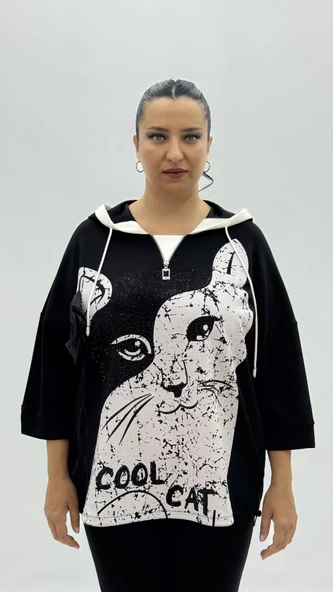 Büyük Beden Taşlı Fiyonk Detaylı Cepli Kapüşonlu Kapri Kol Oversize Kadın Sweatshirt ürün görseli 1