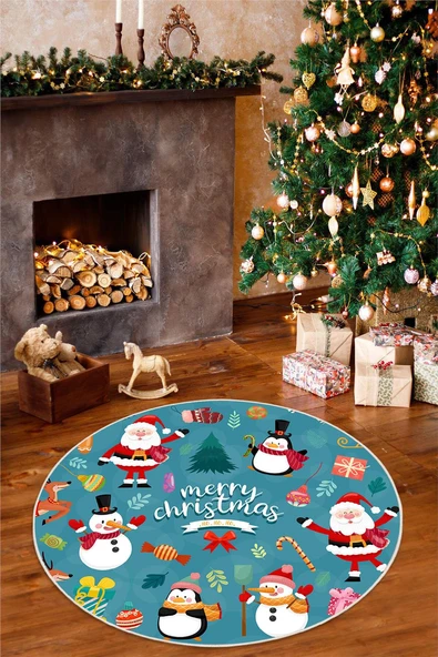 Dijital Baskılı Kaymaz Tabanlı Yıkanabilir Mavi Yuvarlak Noel Halısı 200 x 200 cm Mavi ürün görseli 1