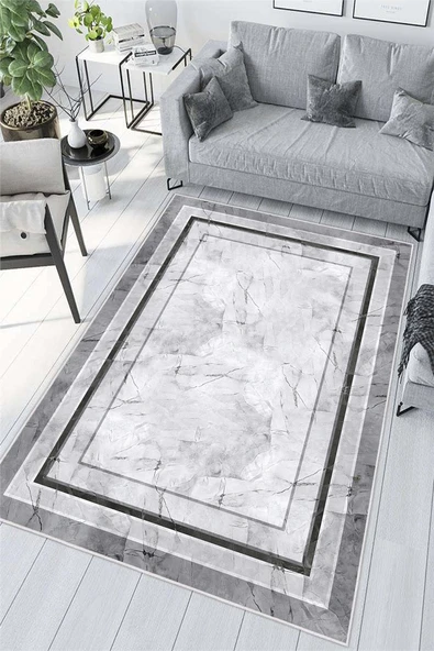 Gri Çerçeveli Mermer Desenli Dijital Baskılı Yıkanabilir Kaymaz Taban Halı 80 x 150 cm Gri ürün görseli 1