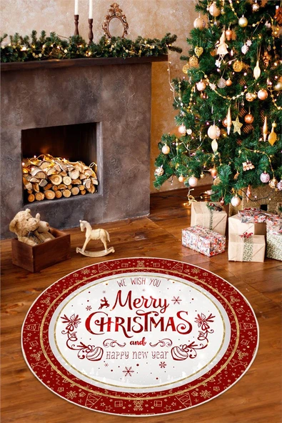 Dijital Baskılı Kaymaz Tabanlı Yıkanabilir Yuvarlak Kırmızı Merry Christmas Halısı 100 x 100 cm Kırmızı ürün görseli 1