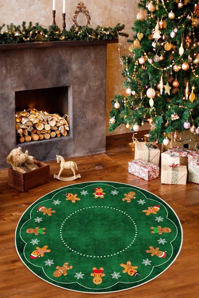 Yılbaşı Konseptli Gingerbread Desenli Yuvarlak Yıkanabilir Kaymaz Dijital Baskı Halı 180 x 180 cm Yeşil ürün görseli 1