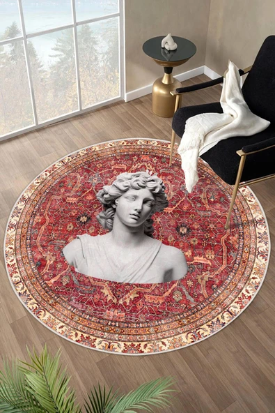 Bordo Kilim Antik Büst Desenli Kaymaz Taban Yıkanabilir Yuvarlak Halı 180 x 180 cm Bordo ürün görseli 1