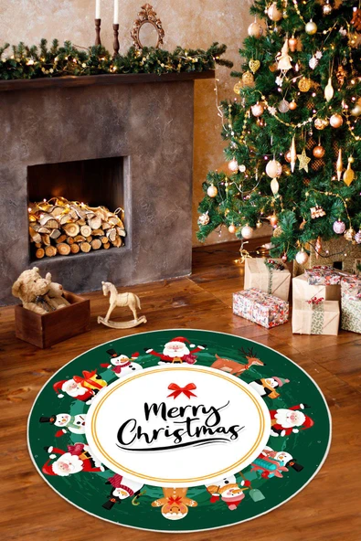 Merry Christmas Temalı Dijital Baskılı Yıkanabilir Kaymaz Taban Yuvarlak Halı 100 x 100 cm Yeşil ürün görseli 1