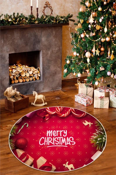Yılbaşı Temalı Merry Christmas Dijital Baskılı Yıkanabilir Yuvarlak Kırmızı Halı 180 x 180 cm Kırmızı ürün görseli 1