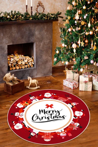 Merry Christmas Temalı Dijital Baskılı Yıkanabilir Kaymaz Taban Yuvarlak Halı 100 x 100 cm Kırmızı ürün görseli 1